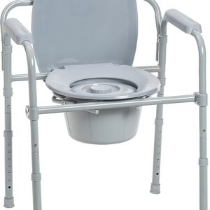 Drive Medical RTL11158KDR Folding Steel Bedside Commode Chair, Portable Toilet, 350 Pound Weight Capacity with 7.5 Qt. Bucket, Grey